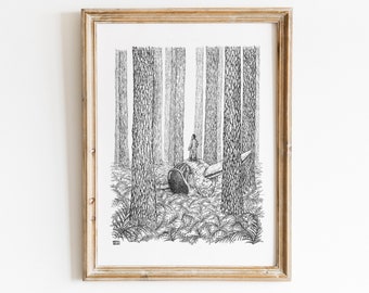 Spaceman in the woods, print of adventure art from hand drawn graphite on paper for decor