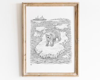 Polar bear art print of drawing from hand drawn graphite for wall art