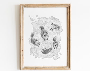 Foxes looking up, print of hand drawn art by graphite on paper for decor, art collectible