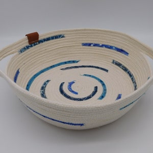 Custom MTO Cotton Rope Bowl 9 with Handles, Natural or with Color Added Blue Fabric Added