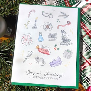 生物学実験室クリスマスカード、科学ユーモア、イラスト入り白紙ホリデーグリーティングカード（A2サイズ）