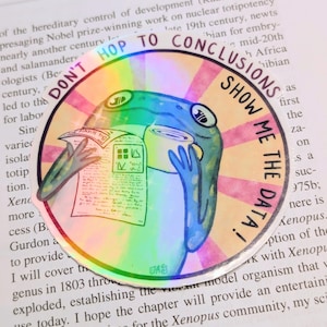 May include: A circular holographic sticker featuring a green frog holding a white coffee mug and a newspaper with charts. The text reads DON'T HOP TO CONCLUSIONS SHOW ME THE DATA! The background has pink and yellow sunburst rays.
