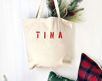 Personalized Gift Bags for Christmas, Canvas Bulk Holiday Party Favor Bags for Kids and Adults, Xmas Bags for Gift Wrapping, Custom name bag