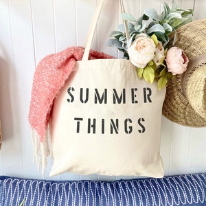 Summer Things over sized canvas tote, reusable shopping bag, summer style, beach bag, big beach bag, weekender bag, gift for her, beach tote