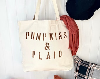 PUMPKINS & PLAID over sized canvas tote bag for fall, pumpkin spice, farmers market tote bag, big reusable grocery bag, fall bag, Autumn bag