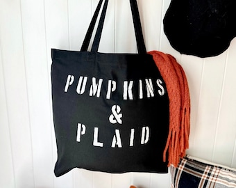 Pumpkins & Plaid Black Canvas Halloween Tote Bag