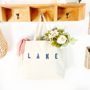 LAKE oversized canvas tote bag for a day on the lake, boat bag, weekender washable travel overnight bag, gift idea, Minimalist, Preppy, Trip