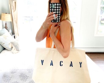 VACAY over sized canvas tote with navy blue text, vacation bag, travel bag, boho, weekend bag, extra large tote, beach bag, summer bag, gift