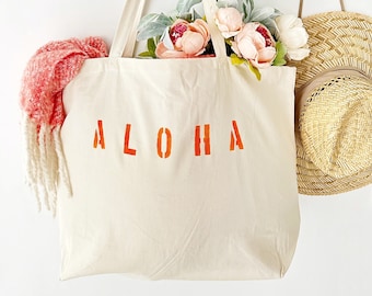 ALOHA extra grote canvas draagtas, grote strandtas, tas voor Hawaï, herbruikbare boodschappentas, Hawaï-tas, strandtas huwelijksreis, cadeau-idee huwelijksreis