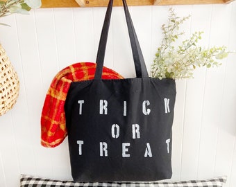 TRICK OR TREAT canvas tote bag, Halloween tote, Bag for Trick or treating, Candy bag for Trick or Treating, gift for Halloween, minimalist