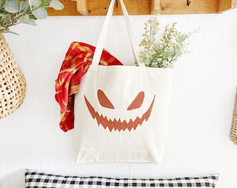 Oversized Jack-O-Lantern Canvas Tote Bag, Halloween Candy Bag