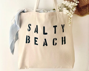 SALTY BEACH over sized canvas tote, minimalist tote bag, reusable shopping bag, summer bag, big beach bag, girls trip beach bag, custom bags