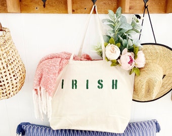 IRISH over sized canvas tote, reusable shopping bag, Saint Patrick's Day, boho style bag, Irish pride, Irish tote bag, gift idea, St. Pattys
