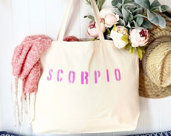 Custom ZODIAC over sized canvas tote bag, zodiac sign gift, personalized beach bag, Scorpio, Pisces, Virgo, big beach bag, gift idea for her