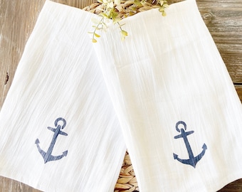 Set of 2 hand painted Anchor flour sack tea towels, anchor, nautical kitchen towel, coastal kitchen towel, dish towel, housewarming gift