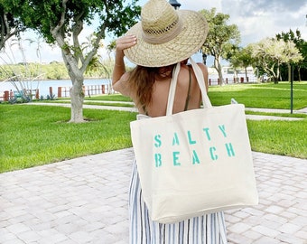 SALTY BEACH over sized canvas tote bag, large beach bag, summer bag, reusable shopping bag, girls weekend beach bags, minimalist tote bag