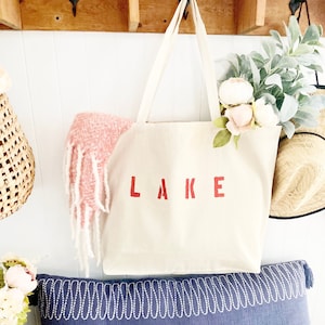 LAKE over sized canvas tote bag, bag for the lake, lake day tote bag, summer bag, minimalist tote bag, bag for lake trip, shopping bag, gift
