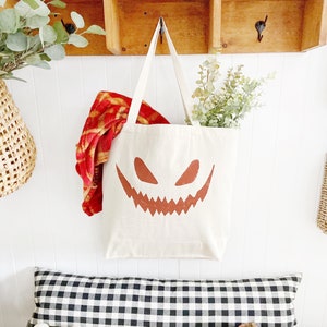 Spooky Jack-O-Lantern Over Sized Canvas Tote Bag, Candy Bag for Halloween, Pumpkin Tote Bag, Minimalist Style Fall Tote Bag, Halloween Gift