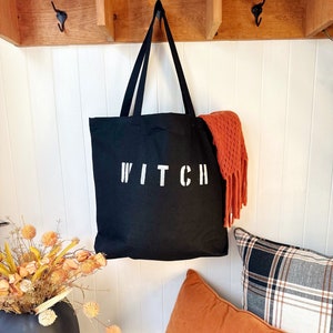 WITCH black canvas tote bag, Halloween tote, Bag for Trick or Treating, Witch Costume bag, Gift for Halloween, Minimalist Halloween Tote Bag