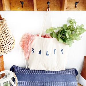 SALTY over sized canvas tote with navy blue text, reusable shopping bag, summer style, boho beach bag, weekender bag, tote bag, gift idea