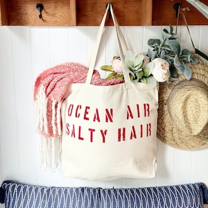 OCEAN AIR SALTY hair over sized canvas tote bag in red text, girls trip tote bag, large beach bag, travel bag, mom bag, big beach bag, gift