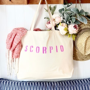 Custom ZODIAC over sized canvas tote bag, zodiac sign gift, personalized beach bag, Scorpio, Pisces, Virgo, big beach bag, gift idea for her