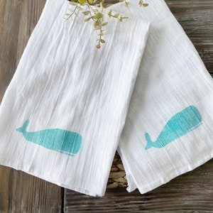 Set of 2 Hand Painted Whale flour sack kitchen towels,  Nautical Beach House Gift Idea, Coastal Kitchen Whale Towel, Summer House Towel