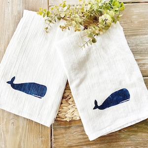 Set of 2 Hand Painted Whale flour sack kitchen towels, Beach House Tea towel, nautical whale beach house gift idea, coastal kitchen decor Navy Blue