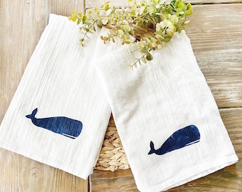 Set of 2 Hand Painted Whale flour sack kitchen towels, Beach House Tea towel, nautical whale beach house gift idea, coastal kitchen decor