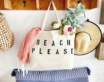 BEACH PLEASE over sized canvas tote, summer bag, big beach bag, Funny beach bag, mom bag, girls trip bag, vacation tote, minimalist tote bag