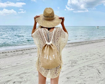 SALTY drawstring backpack, jute and cotton backpack, drawstring bag, SALTY backpack, beach bag, beach backpack, burlap bag, backpack, teen