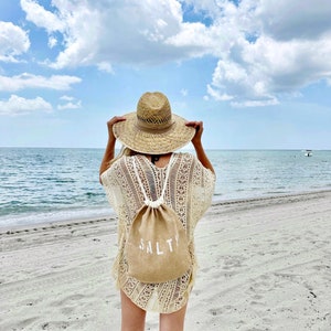 SALTY drawstring backpack, jute and cotton backpack, drawstring bag, SALTY backpack, beach bag, beach backpack, burlap bag, backpack, teen image 1