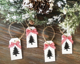 Pine Tree Christmas Ornaments Set: Hand-Painted Wood Tag with Bow