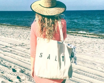 SALTY over sized canvas beach tote with black text, XL beach bag, big canvas beach bag, reusable bag, eco friendly bag, boho beach bag, gift