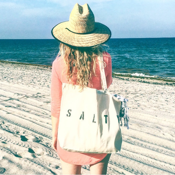 SALTY over sized canvas beach tote with black text, XL beach bag, big canvas beach bag, reusable bag, eco friendly bag, boho beach bag, gift