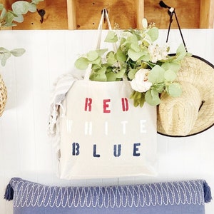 RED WHITE BLUE over sized tote, reusable shopping bag, July Fourth tote bag, Patriotic tote bag, Fourth of July style, summer bag, beach bag