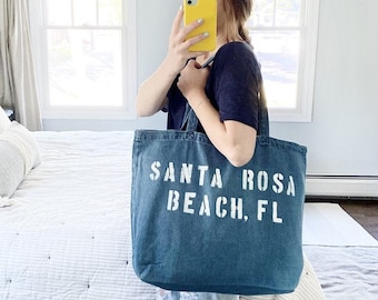 Custom Denim DESTINATION tote, reusable shopping bag, personalized beach bag, summer beach bag, ladies trip tote bag, travel bag, girls trip