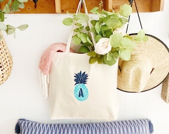 Initial Pineapple Canvas Tote Bag: Personalized Beach Bag, Bridal Gift