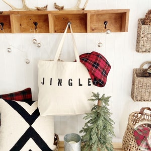 JINGLE over sized canvas tote bag, Christmas bag, Christmas gift bag, reusable shopping bag, tote bag for Christmas, bag for Christmas gifts
