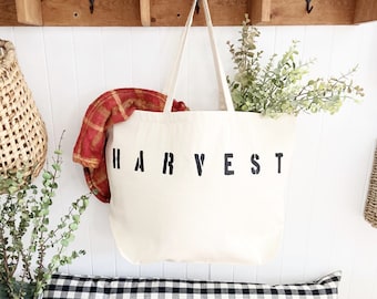 HARVEST over sized canvas tote bag, Fall bag, Autumn tote bag, reusable shopping bag, big market tote bag, farmers market bag, grocery bag