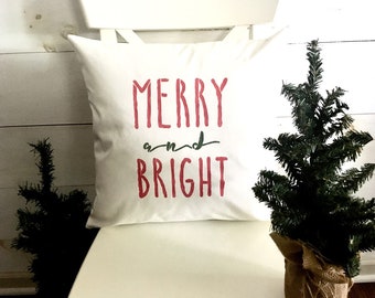 Merry and Bright Christmas Pillow Cover: Hand-Painted Holiday Decor
