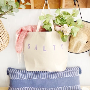 SALTY canvas oversized tote bag with lavender text, reusable shopping bag, summer bag, beach bag, large beach bag, weekender bag, tote bag