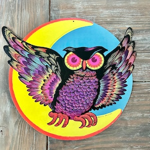 Vintage 1970’s Beistle embossed owl & moon die cut for Halloween that glows w/ black light, VTG wall decor spooky season gift collectible