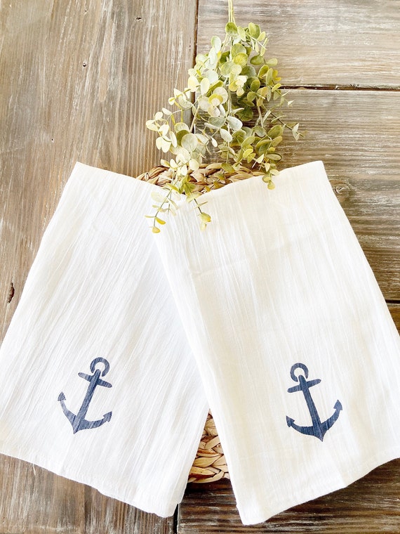 Set of 2 Hand Painted Anchor Flour Sack Tea Towels, Anchor, Nautical Kitchen  Towel, Coastal Kitchen Towel, Dish Towel, Housewarming Gift 