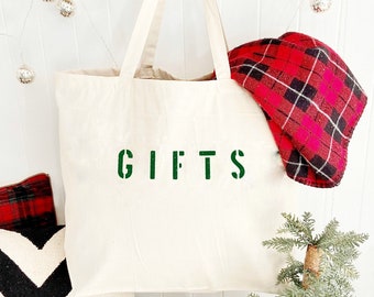 GIFTS Big Canvas Tote Bags for Christmas, Canvas Bulk Holiday Party Favor Bags for Kids and Adults, Xmas Bags for Gifts, Gift Shopping Bags