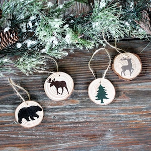 Set of 4 Woodlands Ornaments, hand painted, rustic ornaments, cabin theme, lake house decor, Christmas decor, Bear, Moose, Deer, holiday