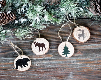 Set of 4 Woodlands Ornaments, hand painted, rustic ornaments, cabin theme, lake house decor, Christmas decor, Bear, Moose, Deer, holiday