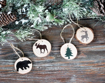 Hand Painted Wood Slice Ornaments: Rustic Woodlands Set of 4