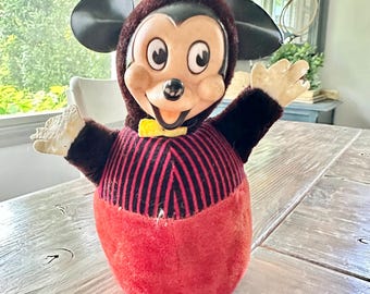 Vintage Mid Century Mickey Mouse Rubber Face Disney Gund Plush Roly Poly Toy Made In Japan, Collectible Gift Idea, VTG Stuffed Animals