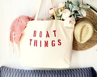 BOAT THINGS over sized canvas tote, reusable shopping bag, boat bag, boat day bag, weekender bag, travel bag, sailing tote, customized bag